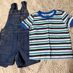 Lee Kids Blue, Navy & Green Striped Tee with Denim Shortalls